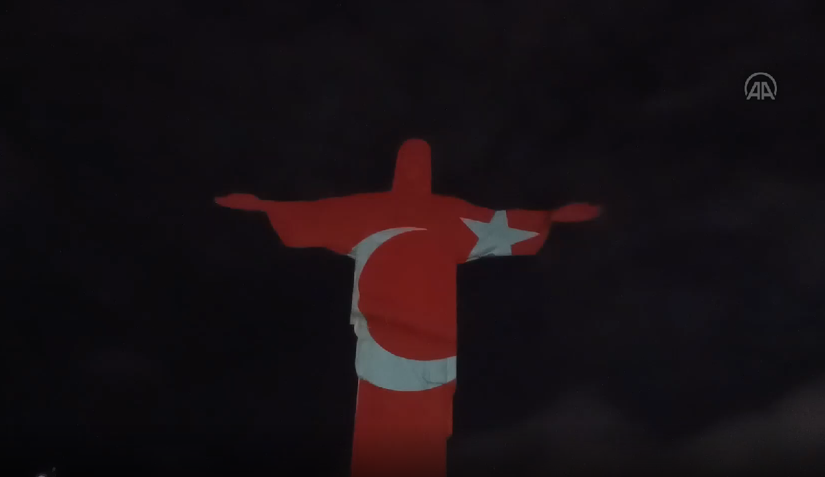 Turkish and Syrian flags projected on 'Christ the Redeemer' statue in Brazil